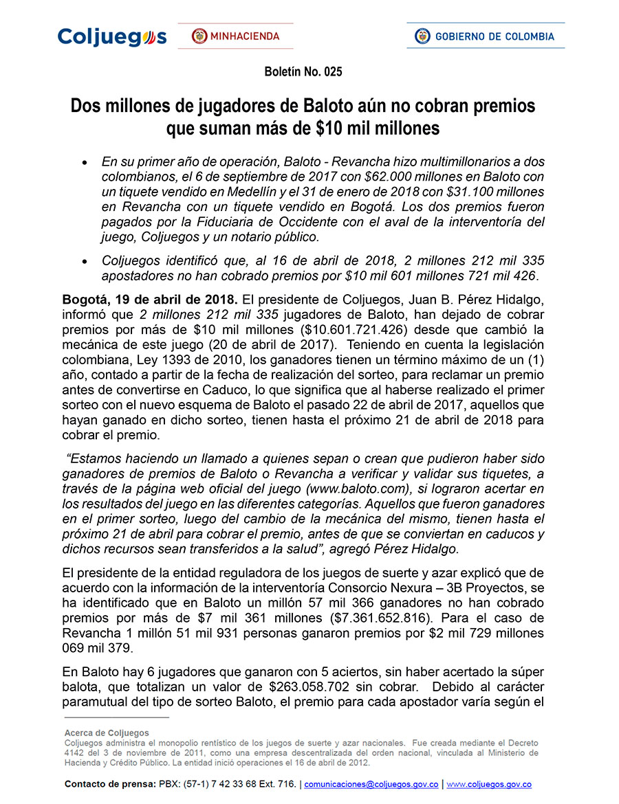 Dos millones de jugadores de Baloto aún no cobran premio img 1