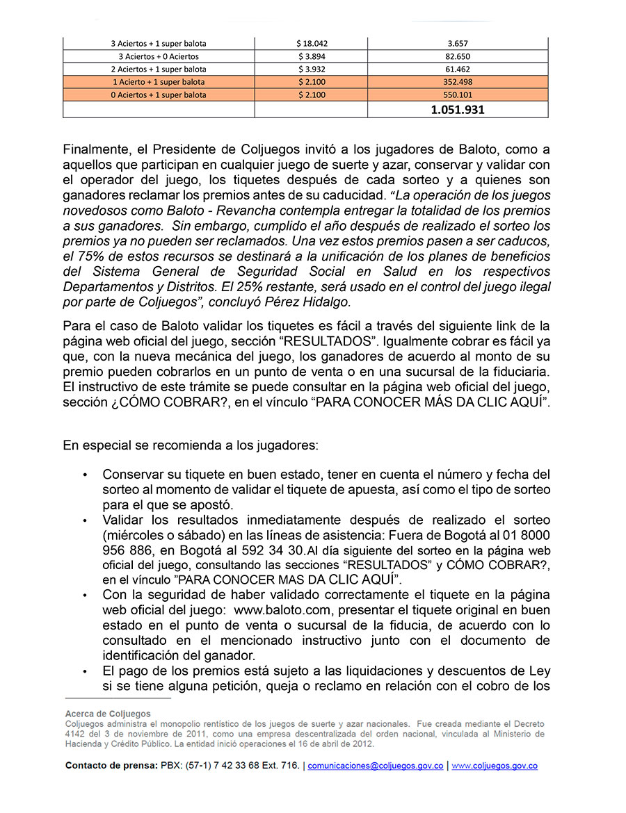 Dos millones de jugadores de Baloto aún no cobran premio img 3